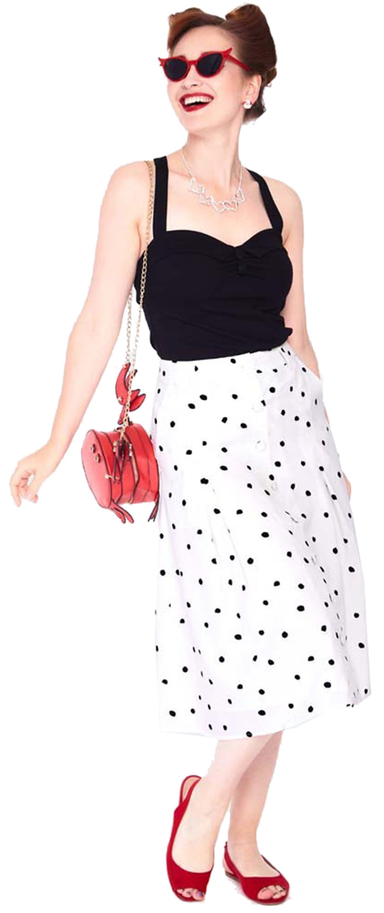 Voodoo_Vixen_Black_and_white_polka_dot_button_front_midi_skirt_SWING_SKIRT_Rock_killer_kirsche_1