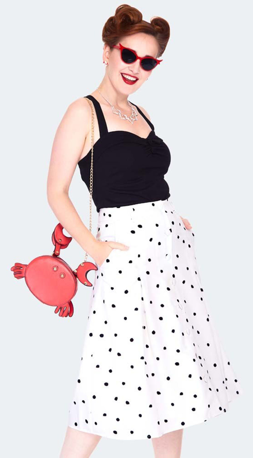 Voodoo_Vixen_Black_and_white_polka_dot_button_front_midi_skirt_SWING_SKIRT_Rock_killer_kirsche_2