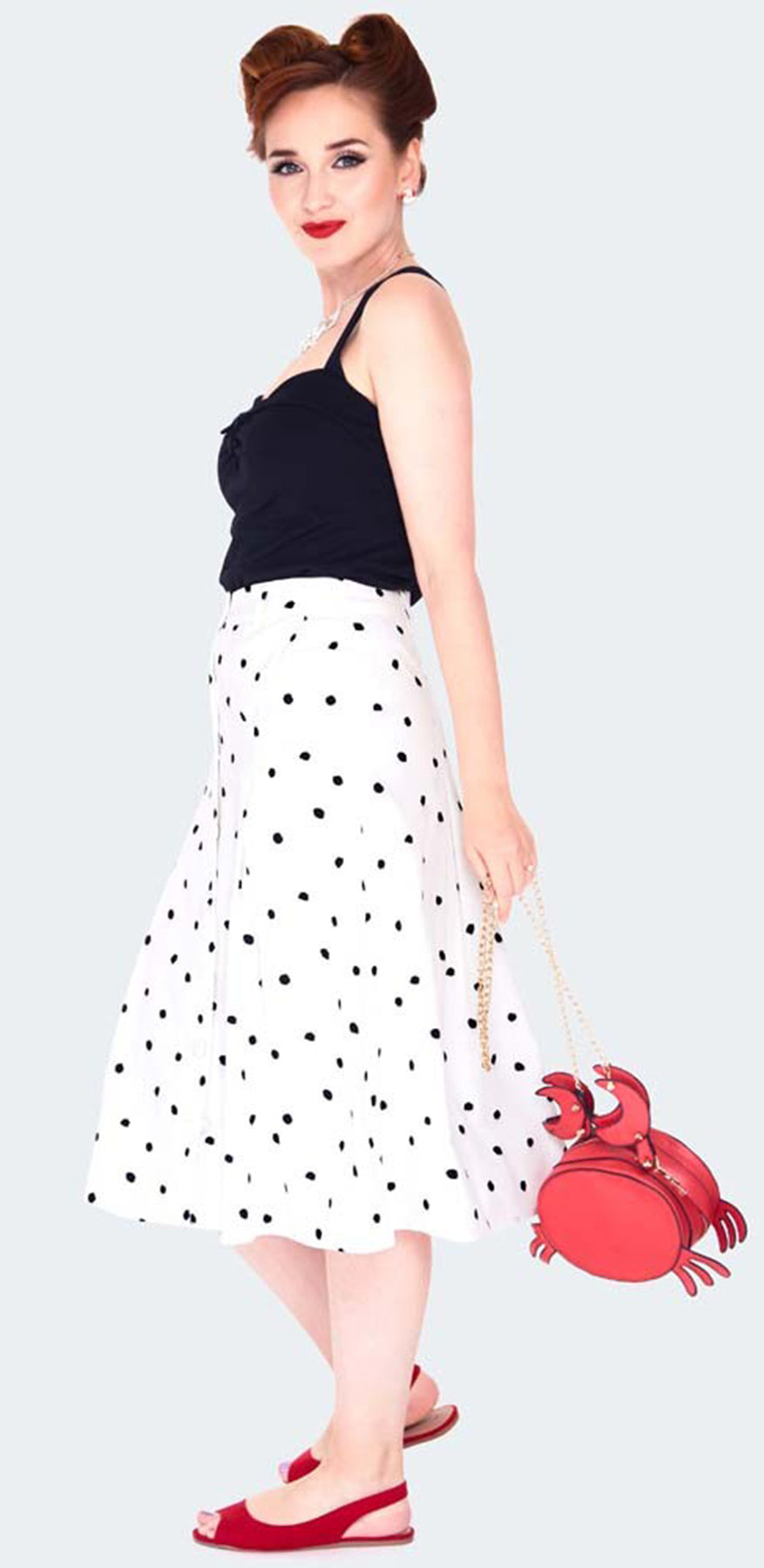 Voodoo_Vixen_Black_and_white_polka_dot_button_front_midi_skirt_SWING_SKIRT_Rock_killer_kirsche_3
