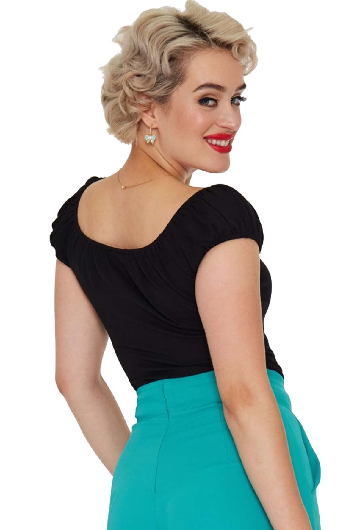 Voodoo_Vixen_CARMEN_CLASSIC_Vintage_Kurzarm_RETRO_Gathered_Neckline_Oberteil_SHIRT_-_Schwarz-5