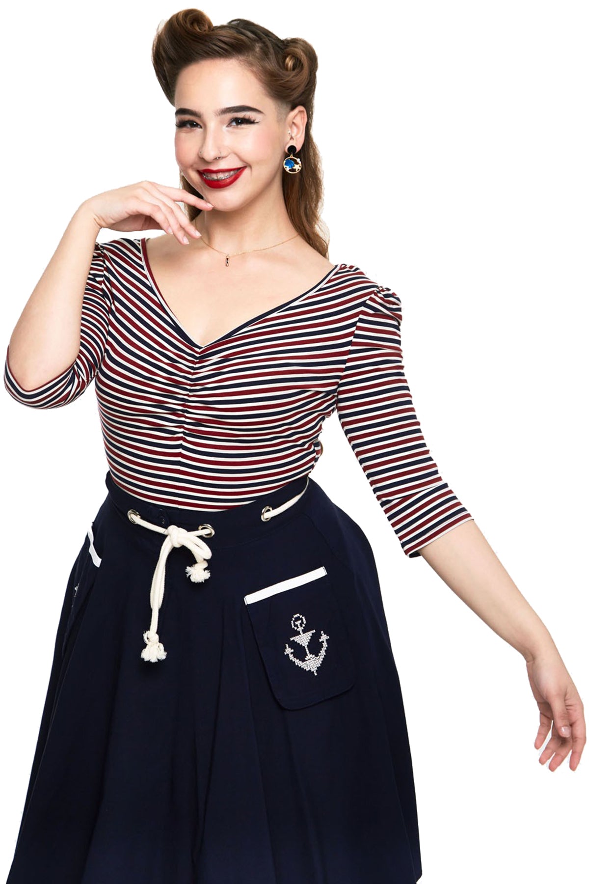 Voodoo_Vixen_ELLIE_STRIPED_DITA_Vintage_STREIFEN_Puffaermel_Retro_SHIRT_Oberteil_killer_kirsche_3