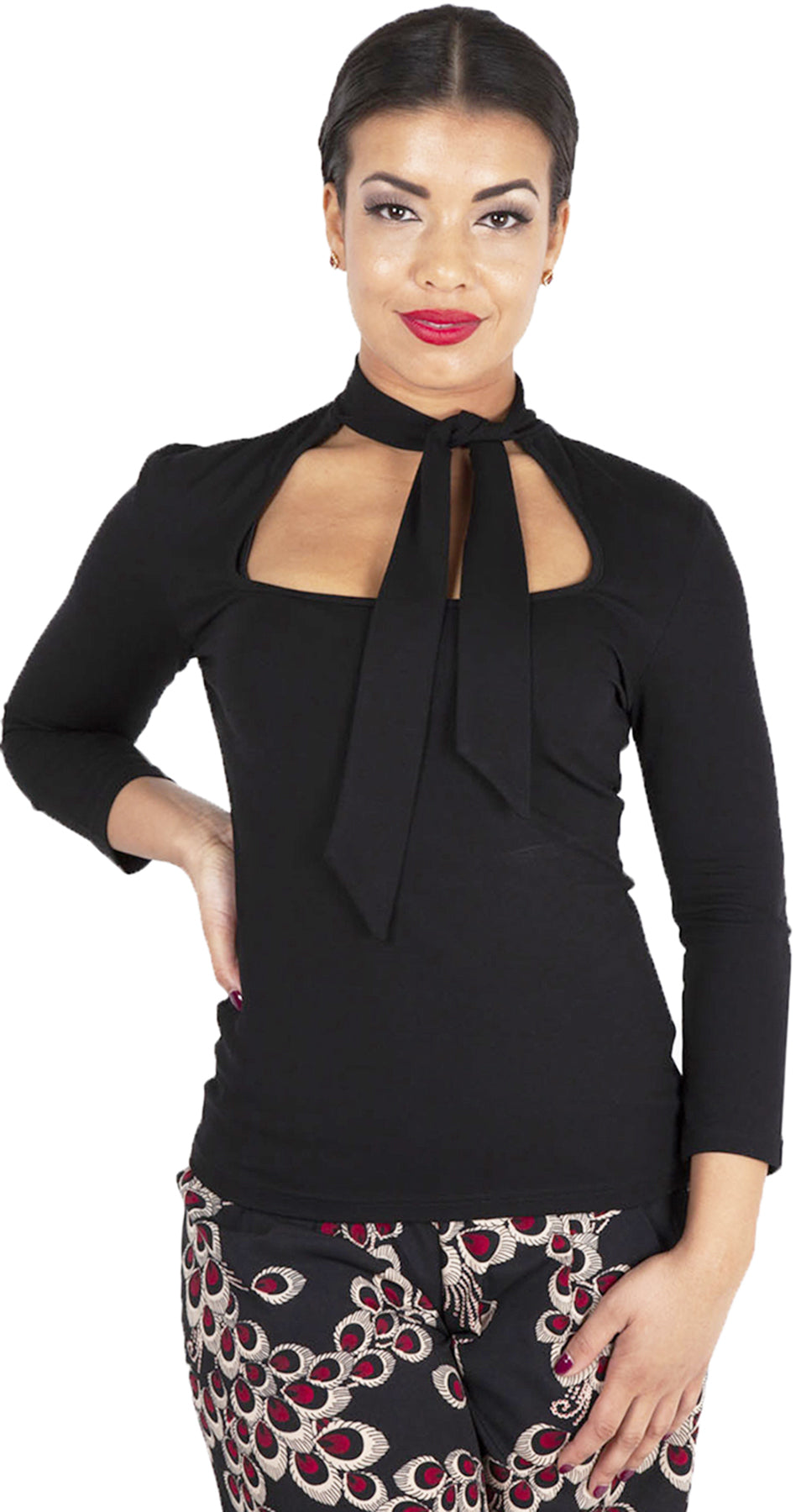 Voodoo_Vixen_GAIL_50s_Vintage_NECK_TIE_Plain_dreiviertel_Arm_SHIRT_Oberteil_Schwarz