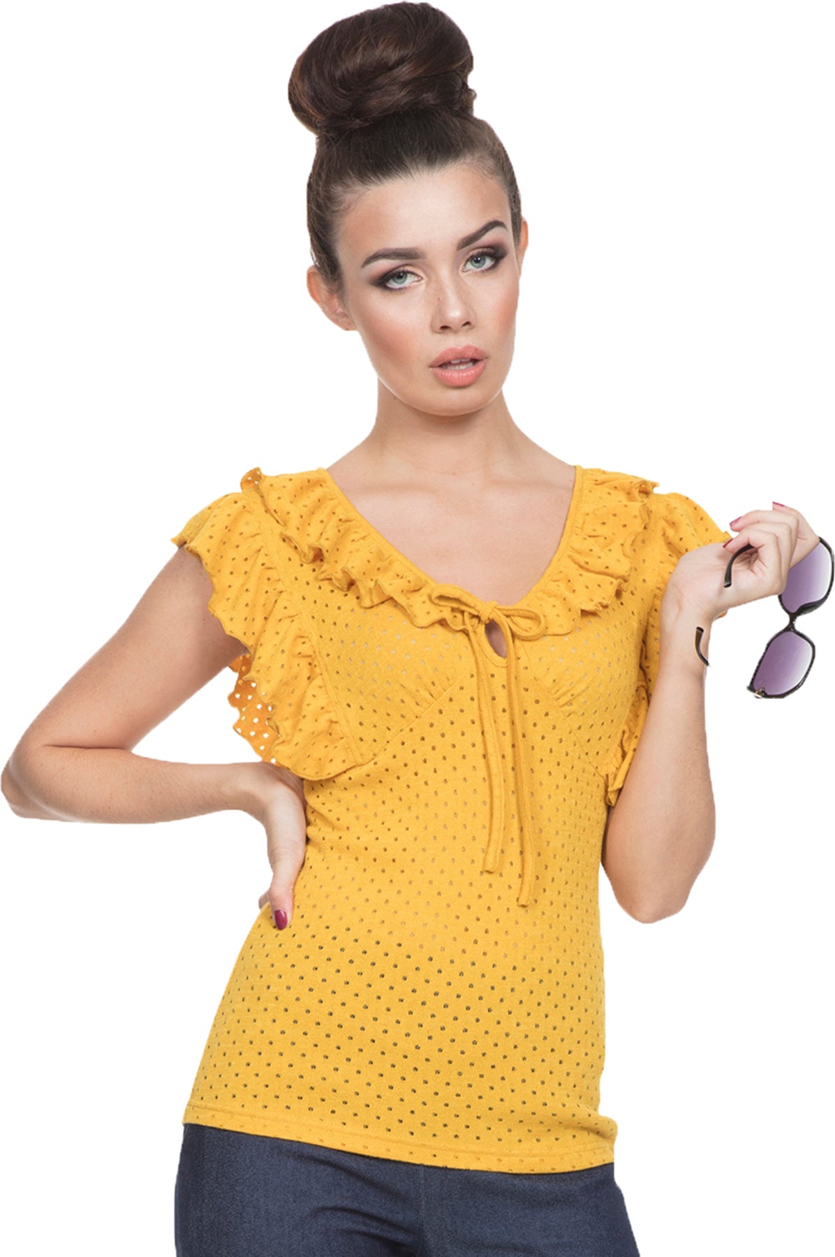 Voodoo_Vixen_LOUISE_Vintage_RUFFLE_Lochmuster_SHIRT_Feinstrick_Oberteil_Gelb_killer_kirsche