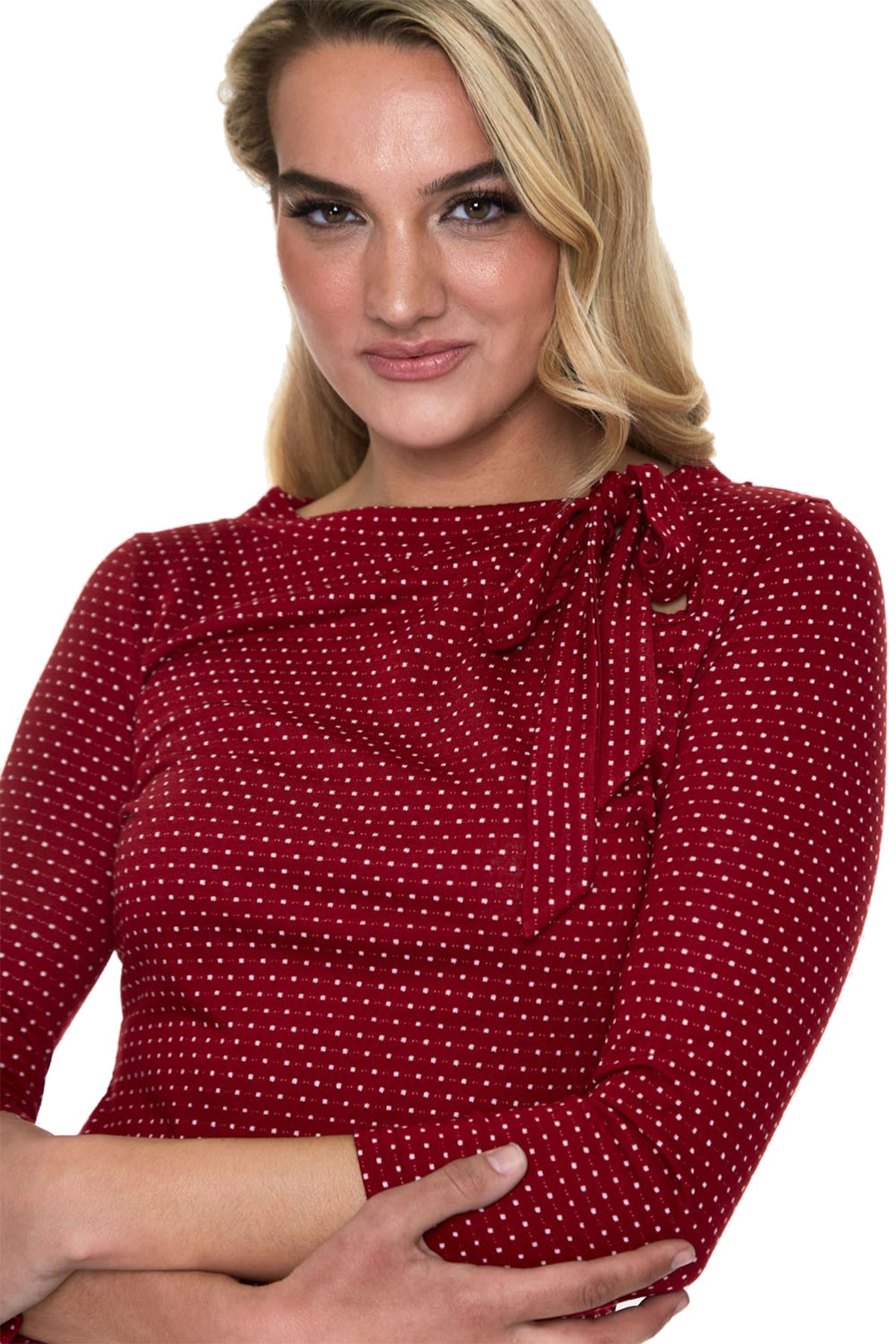 Voodoo_Vixen_POSIE_Vintage_POLKA_DOT_Neck_Tie_dreiviertel_Arm_SHIRT_Oberteil_Bordeaux_killer_kirsche_2