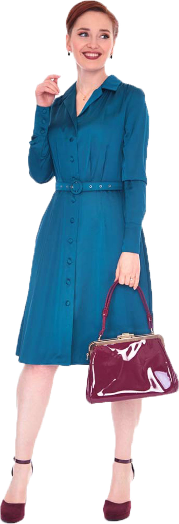 Voodoo_Vixen_RATCHED_STYLE_Retro_SATIN_Langarm_A-LINIE_DRESS_Hemdkleid_Petrol_Killer_Kirsche-1