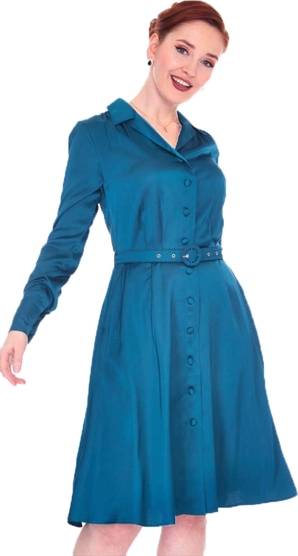 Voodoo_Vixen_RATCHED_STYLE_Retro_SATIN_Langarm_A-LINIE_DRESS_Hemdkleid_Petrol_Killer_Kirsche-2