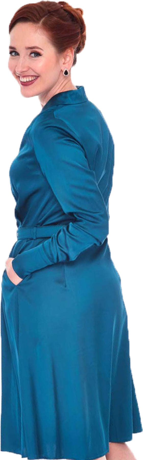 Voodoo_Vixen_RATCHED_STYLE_Retro_SATIN_Langarm_A-LINIE_DRESS_Hemdkleid_Petrol_Killer_Kirsche-5