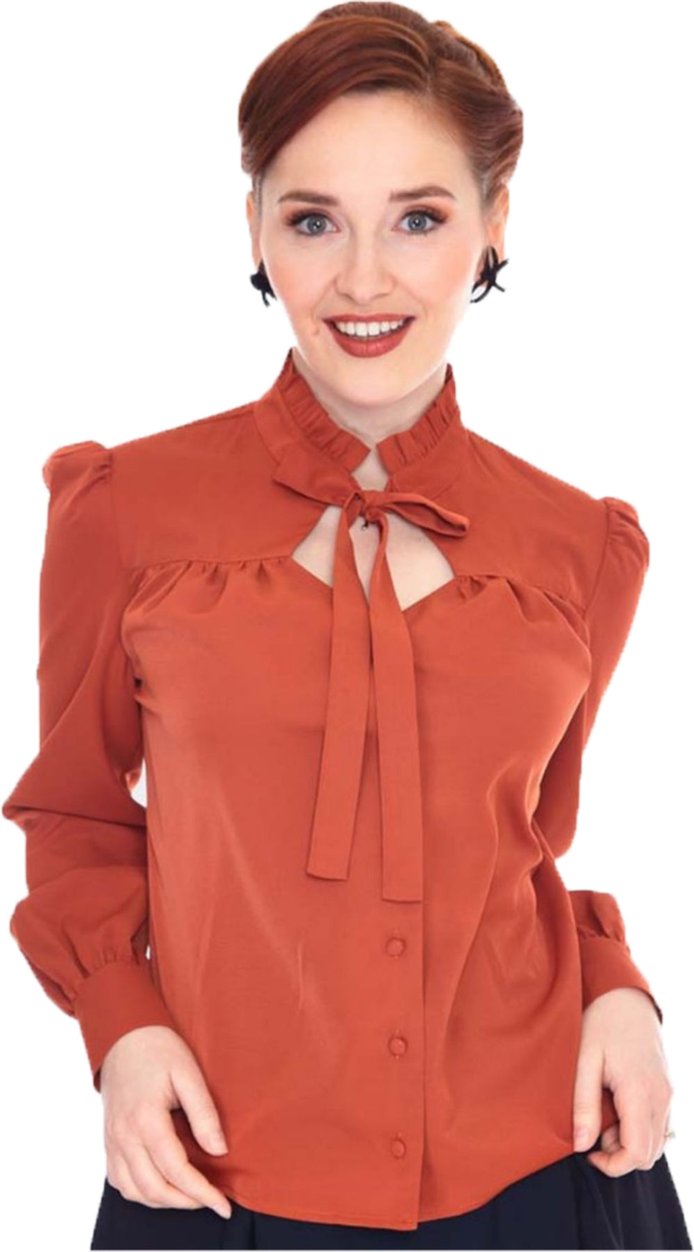 Voodoo_Vixen_TIE_NECK_Retro_RUFFLE_50s_BLOUSE_Schluppenbluse_-_Orange_Killer_Kirsche-3