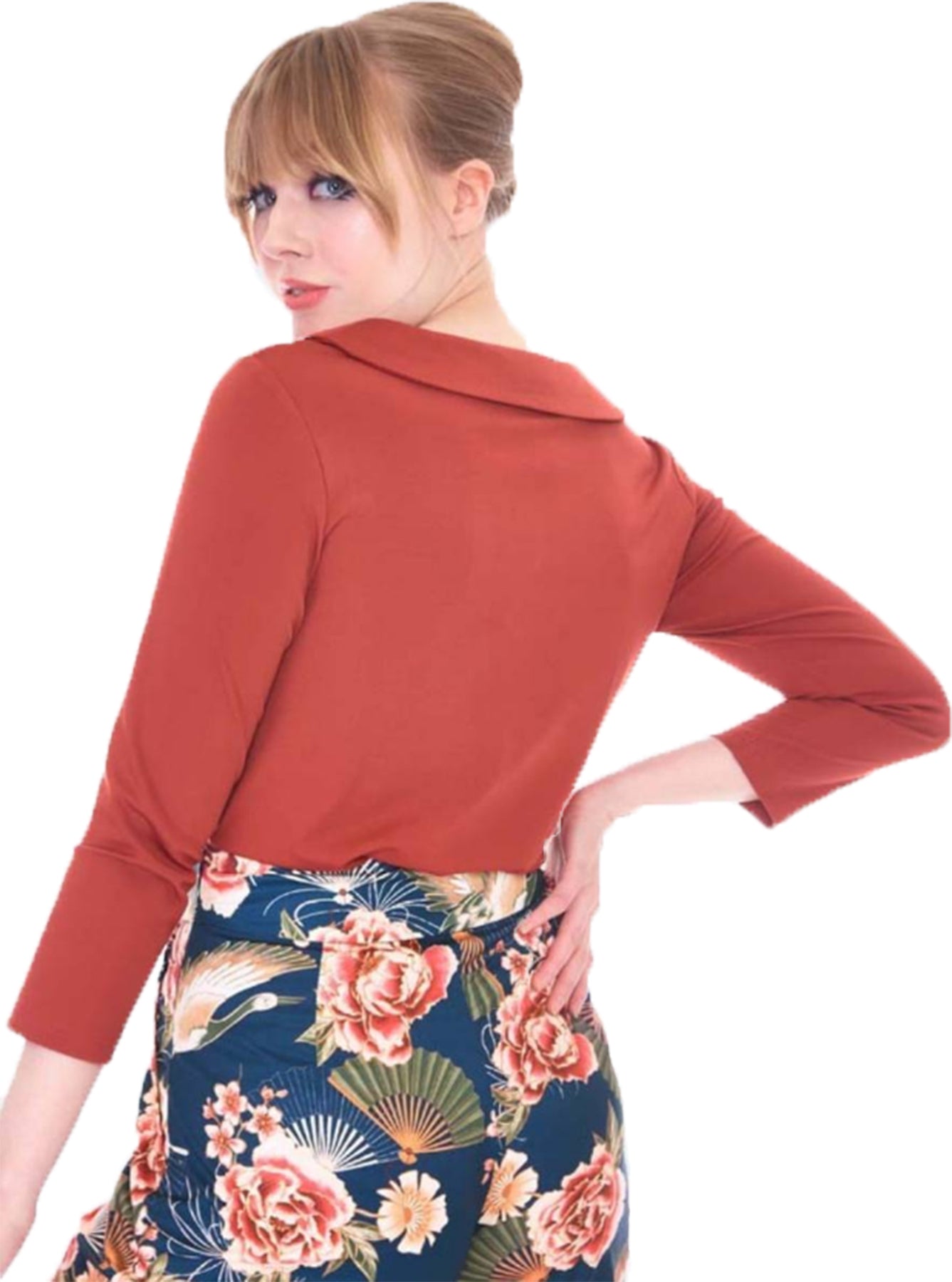 Voodoo_Vixen_WIDE_COLLAR_Retro_PLAIN_V-Neck_Dreiviertelarm_SHIRT_Oberteil_Rostorange_Killer_Kirsche-3