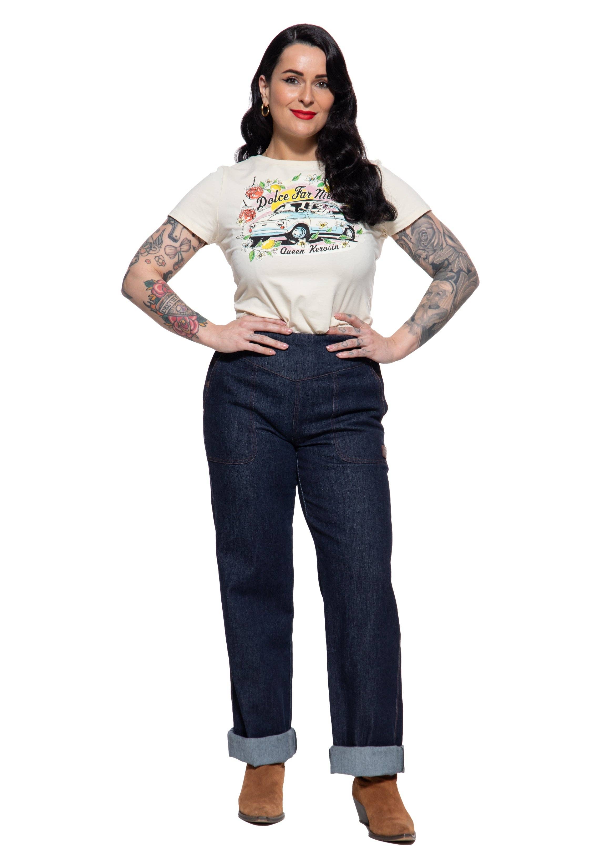 Queen Kerosin «Josie Marlene» Vintage Retro Cinch Back High Waist Denim Jeanshose