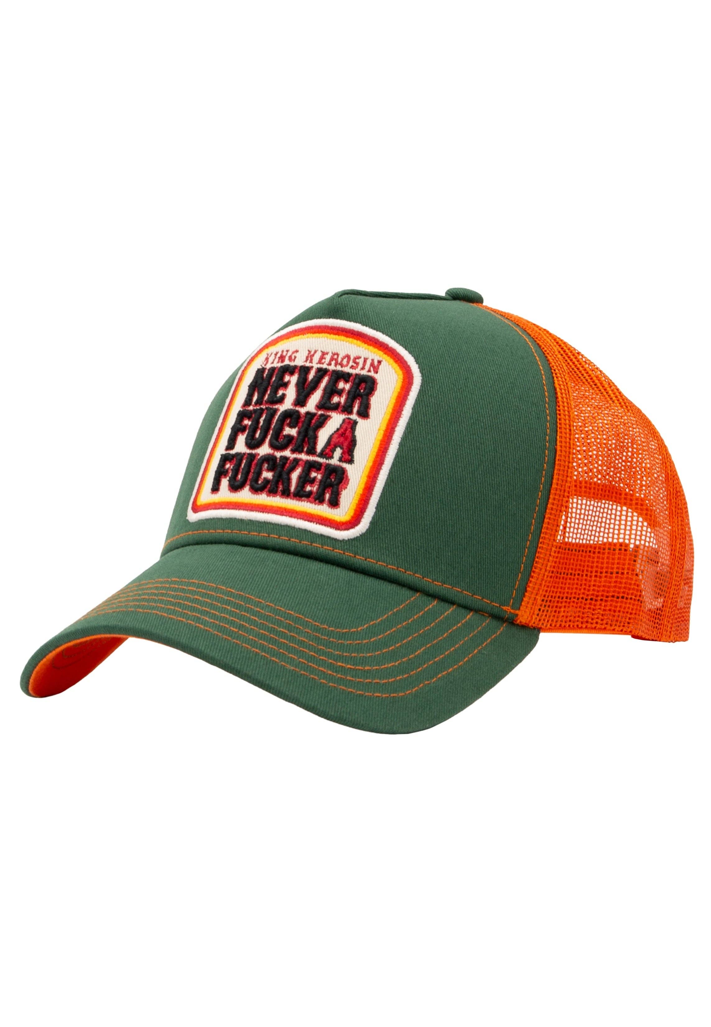 King Kerosin «Never Fuck A Fucker» Rock`n`Roll Oldschool Trucker Cap - Grün