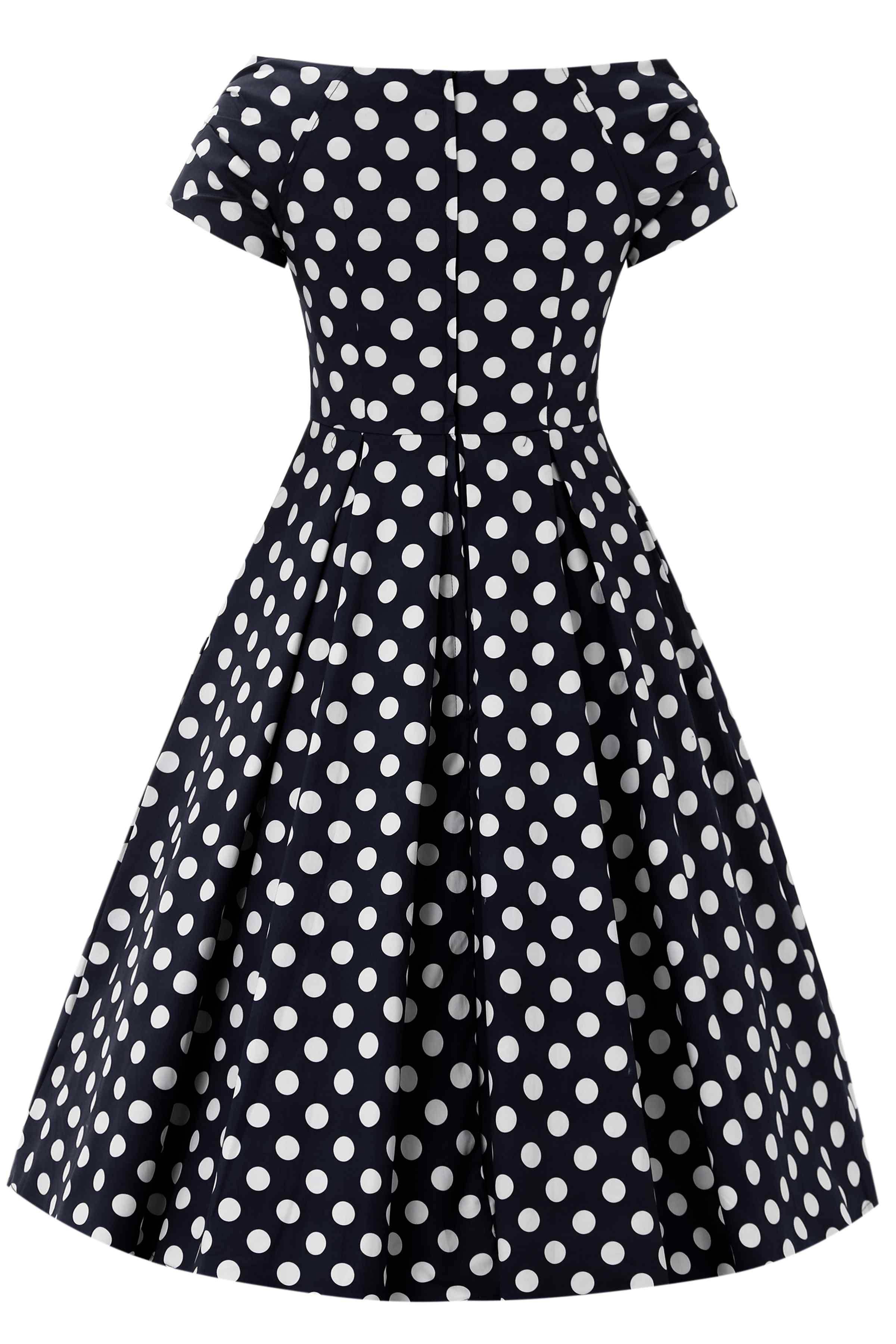 Dolly & Dotty «Lily Polka Dot» Vintage Punkte Retro Off-Shoulder Swing Kleid - Schwarz
