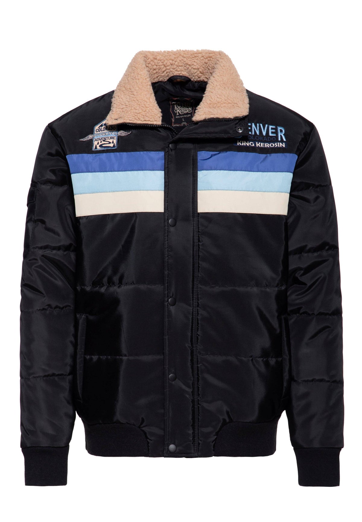 King Kerosin Motor Traveller schwarze Winterjacke für Herren mit Teddykragen, blau-cremefarbenen Streifen und Denver Colorado Patches