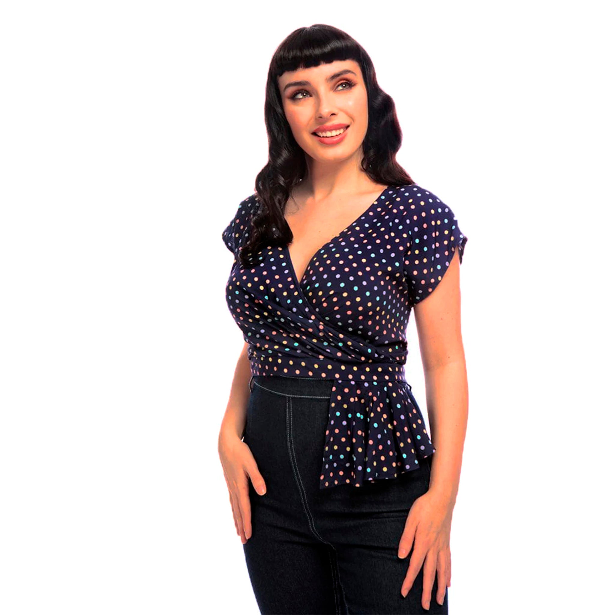 Collectif «MARYANN RAINBOW» Polka Dot PUNKTE Kurzarm V-Neck BLUSE Shirt