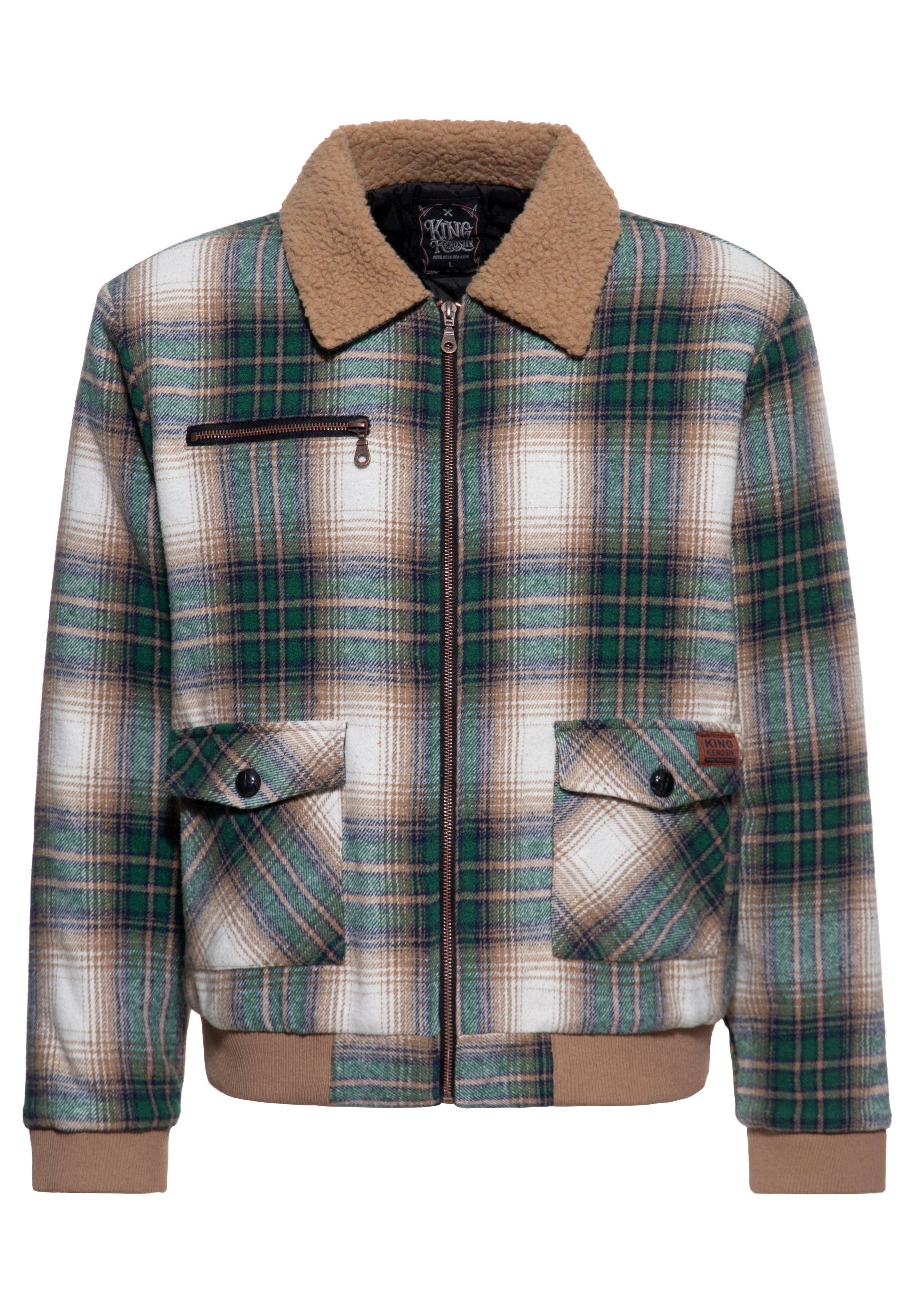 King Kerosin Herren Flanell Winterjacke im grün-beige karierten Design mit Teddykragen, Steppfutter und Workwear-Taschen