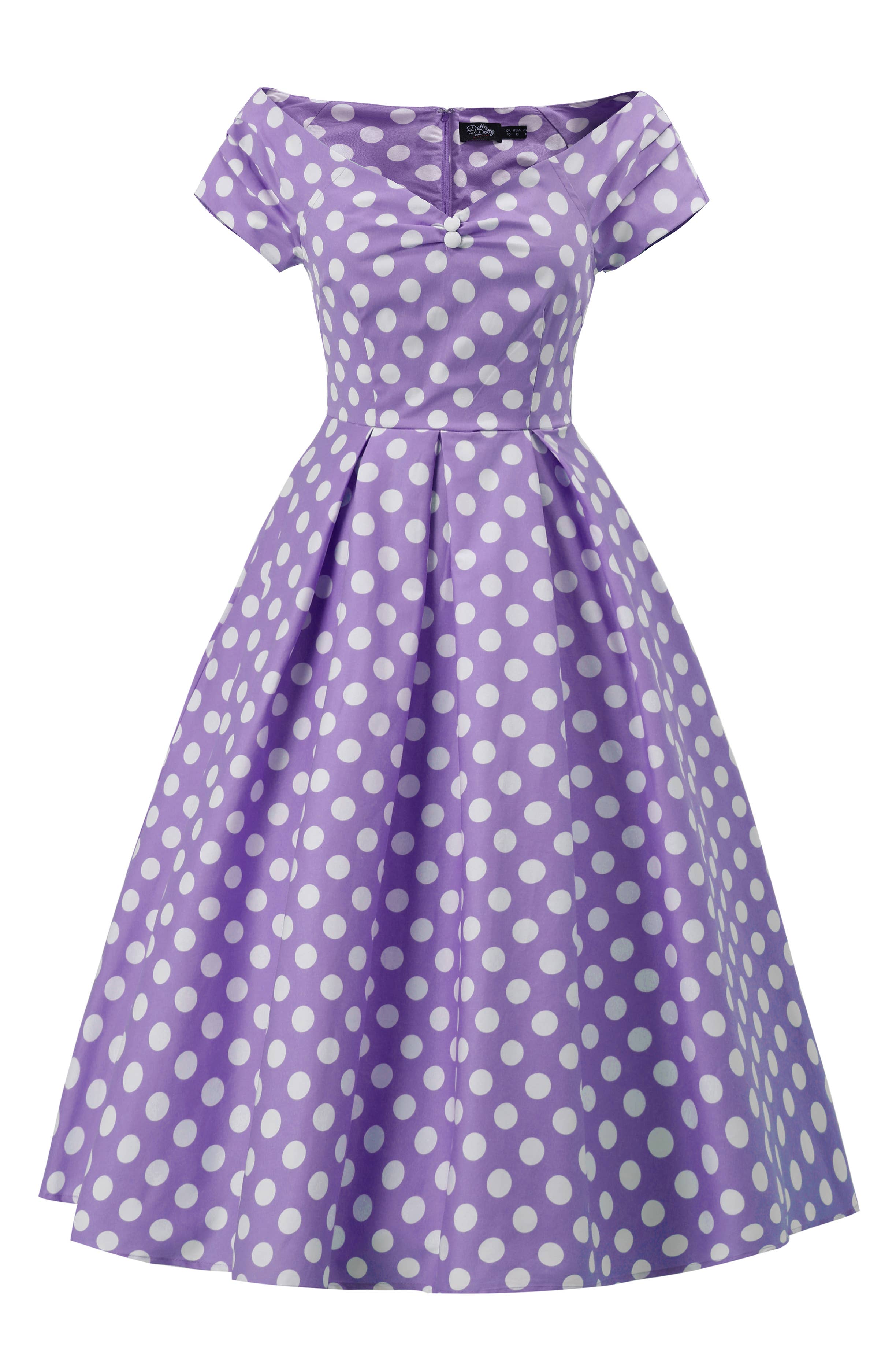 Dolly & Dotty «Lily Polka Dot» Vintage Punkte Retro Off-Shoulder Swing Kleid - Flieder